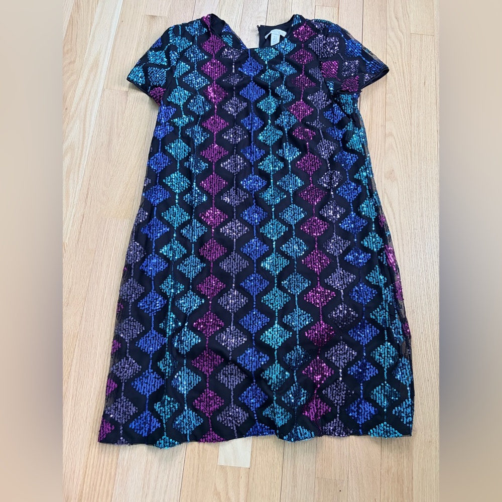 London Times Black Mini Dress with Blue Teal Purple Geometric Sequin Pattern